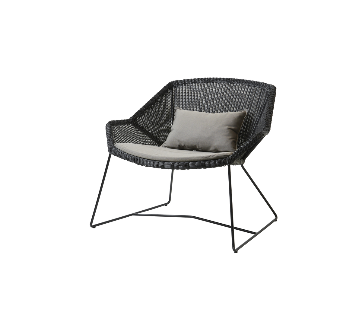 Stylish black chair with a unique woven design and a light cushion for added comfort. Ideal for relaxation.