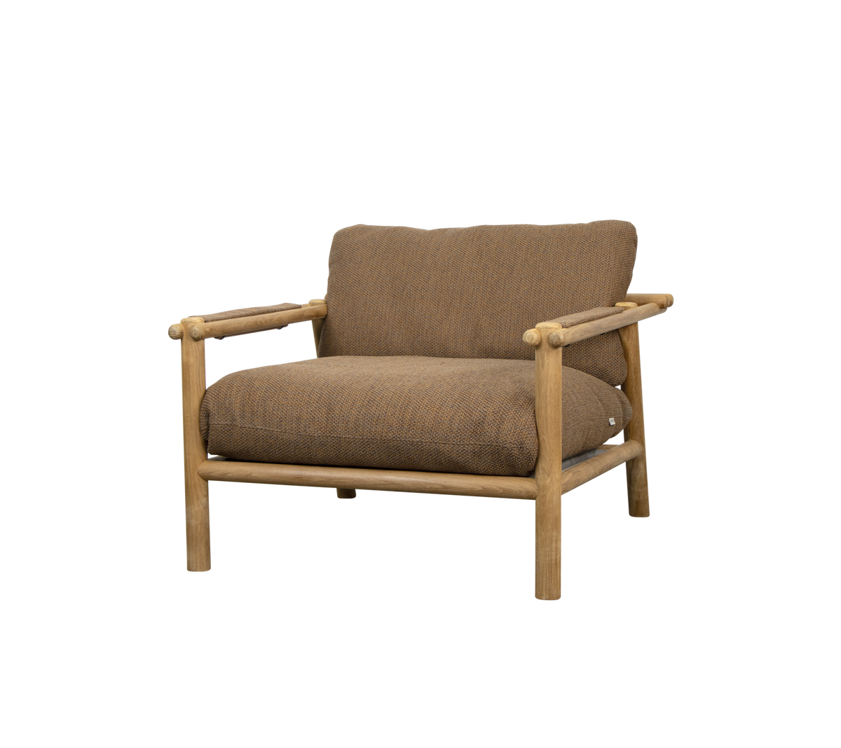 A comfortable chair with a wooden frame and soft brown cushions, designed for relaxation and style.