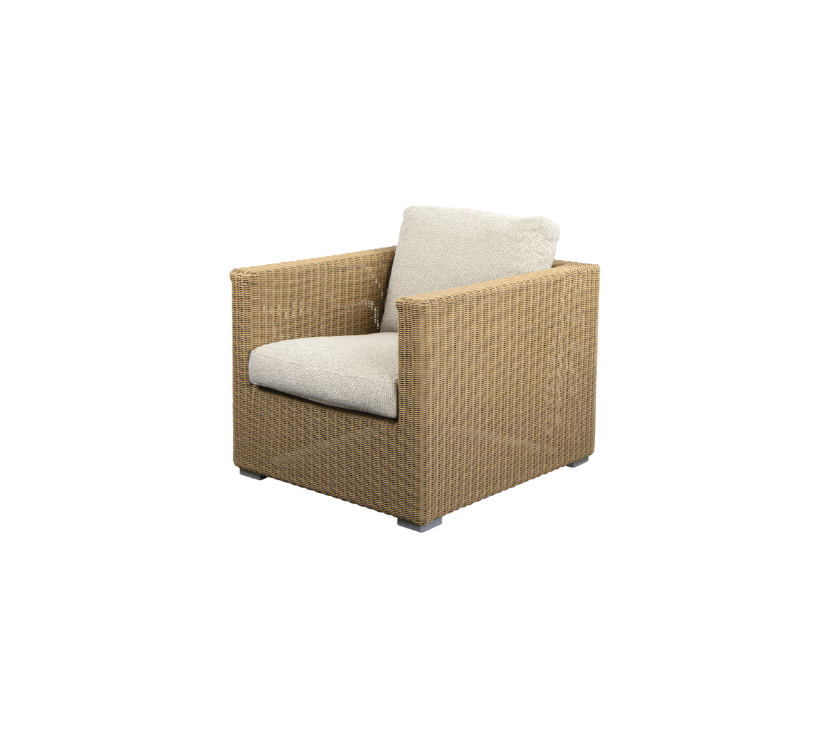 Stylish armchair with a woven exterior and a light-colored cushion, perfect for adding comfort and elegance to any space.