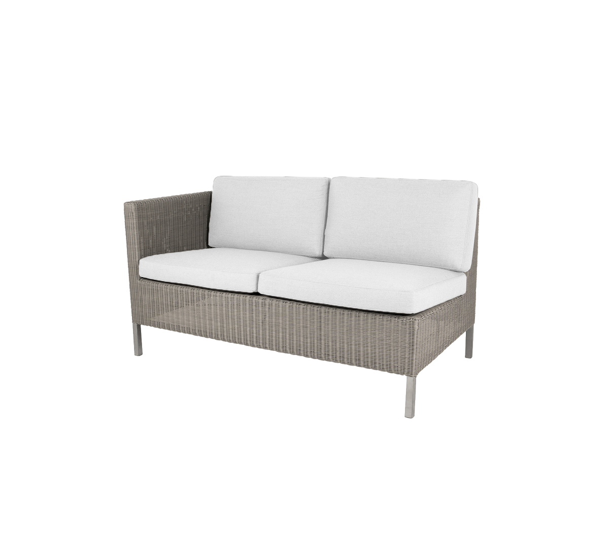 Gray wicker loveseat with plush white cushions, designed for comfort and style in casual seating areas.