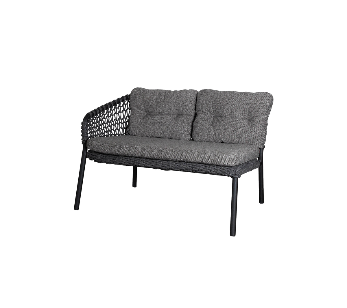 Two-seater sofa with a gray cushioned seat and a stylish woven backrest, designed for comfort and modern aesthetics.