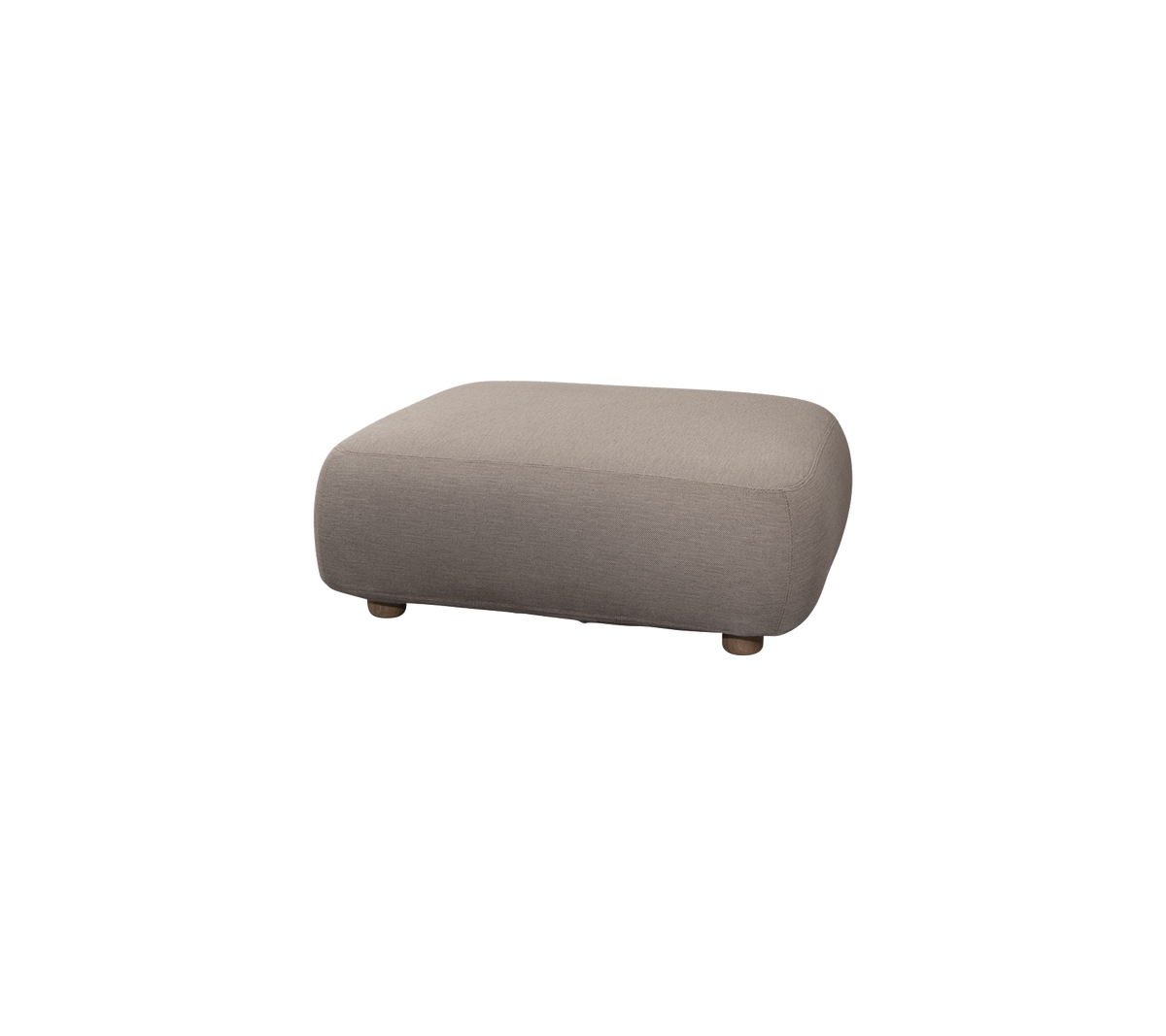 Soft, rectangular ottoman in a neutral tone with rounded edges and wooden legs, perfect for additional seating or as a footrest.