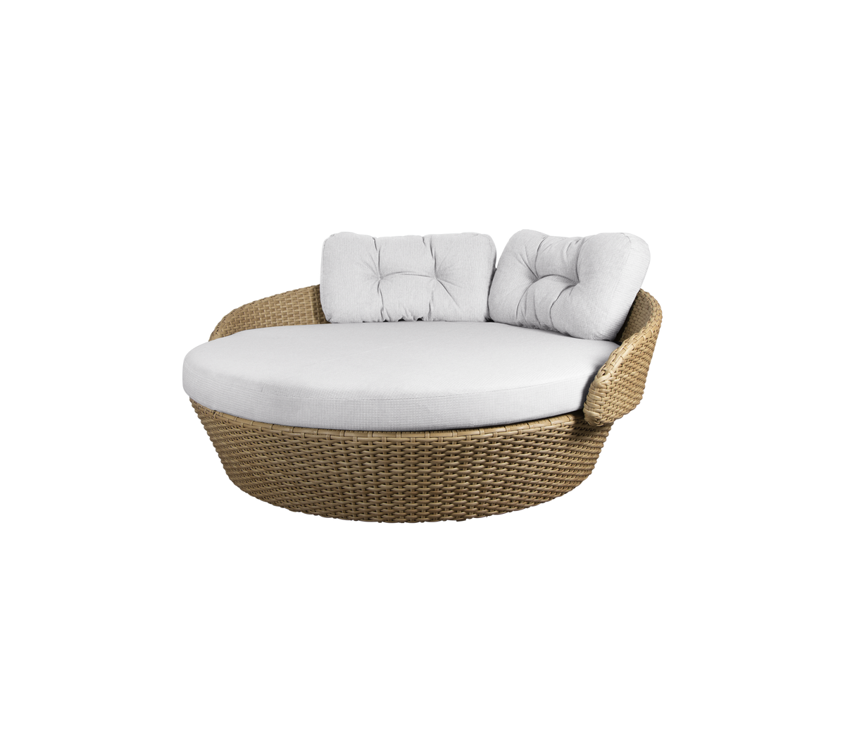 Round wicker lounge chair with a plush white cushion and two backrest cushions for comfort. Ideal for relaxation.