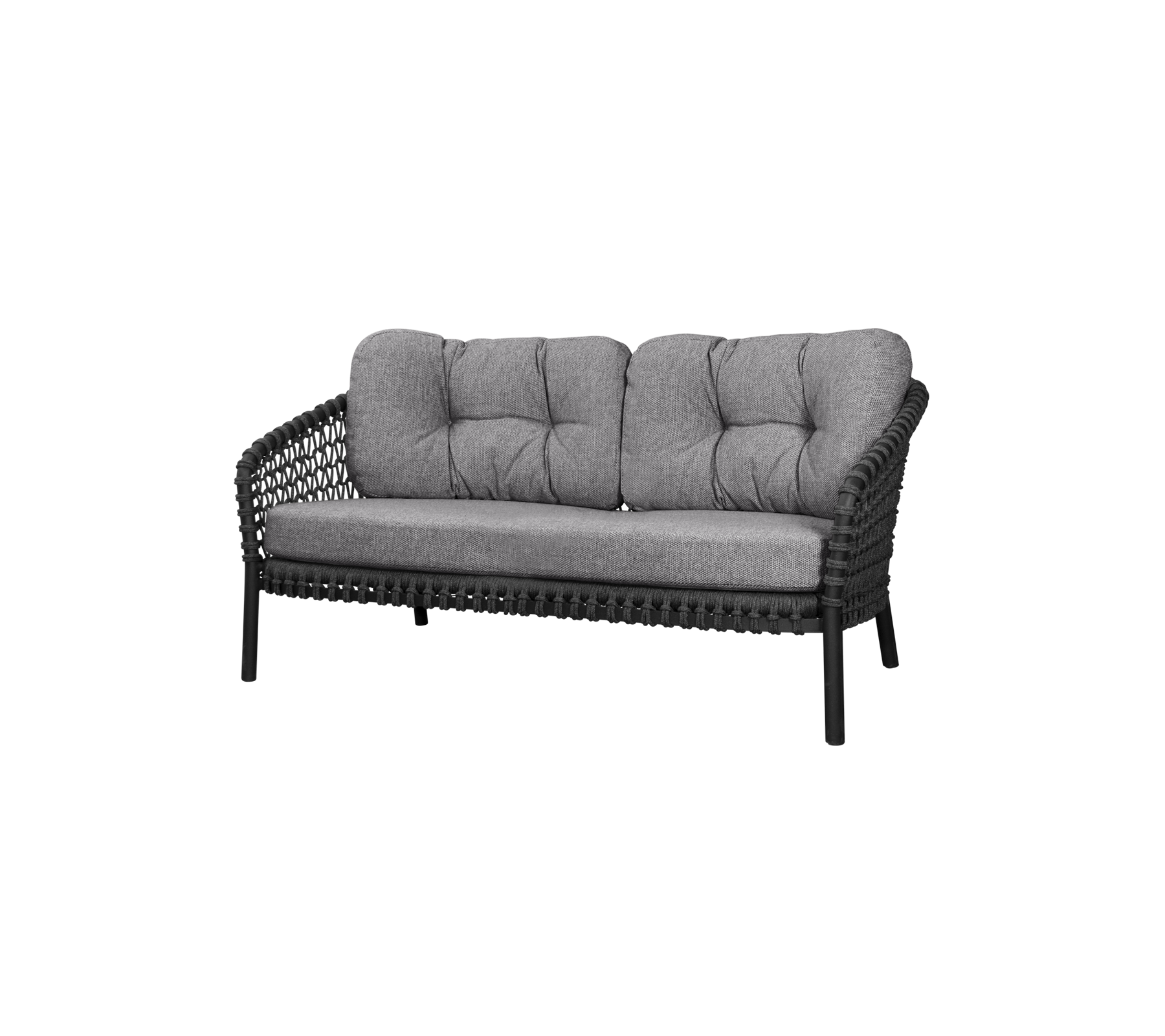 Two-seater sofa with a woven frame and plush gray cushions, designed for comfort and style. Perfect for seating in any space.