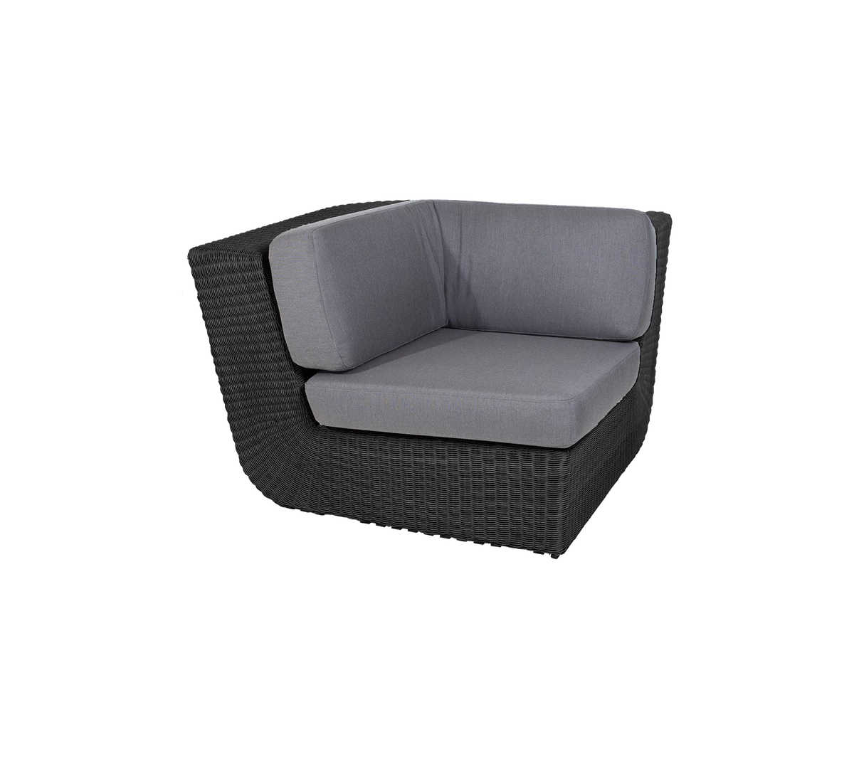 Stylish corner seating piece with a sleek black wicker frame and comfortable gray cushions, perfect for modern decor.