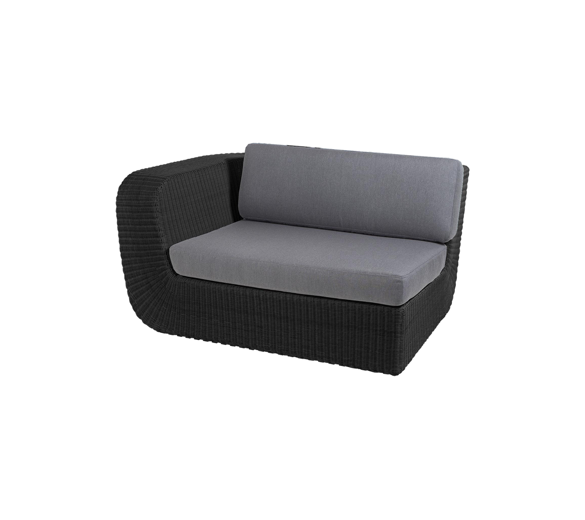 Modern two-seater sofa with a sleek black wicker frame and soft gray cushions for comfort and style. Ideal for relaxation.