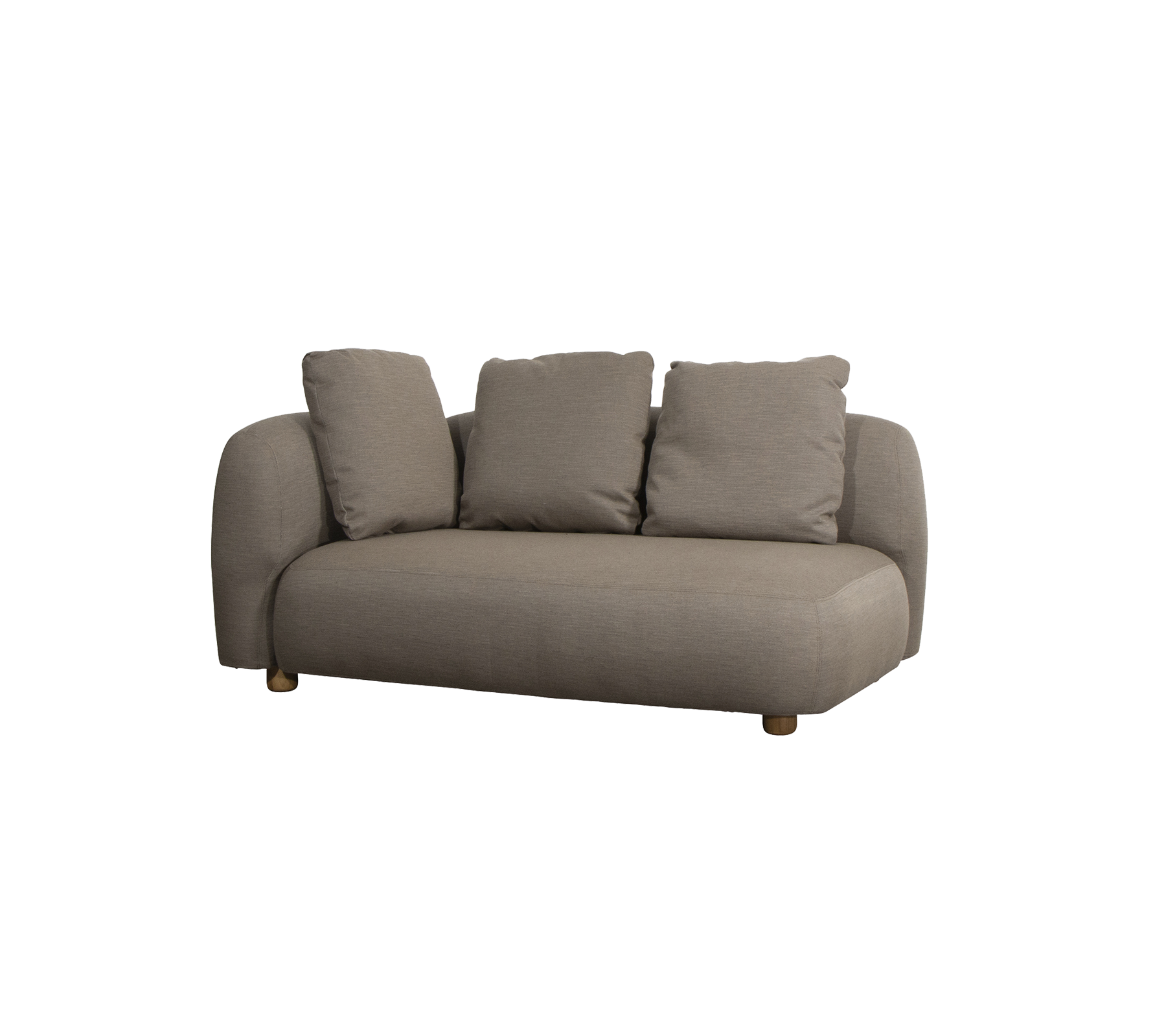 Stylish, modern sofa with three plush cushions and a soft fabric finish, featuring rounded edges and wooden legs.