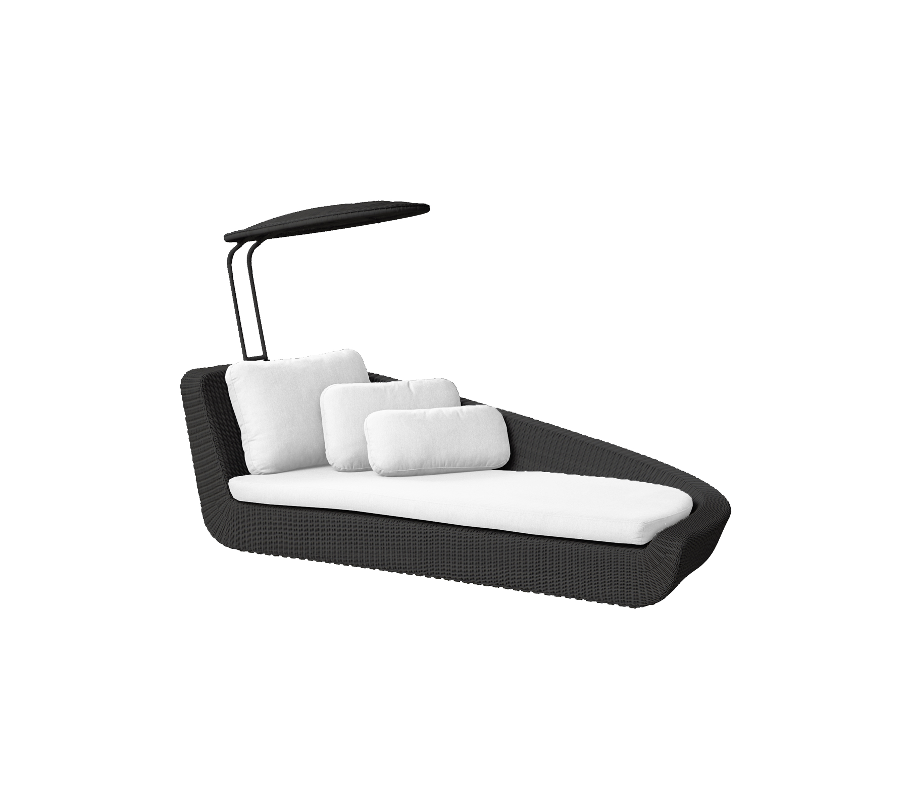 Stylish black lounge chair with white cushions and an adjustable canopy for shade and comfort. Perfect for relaxation.