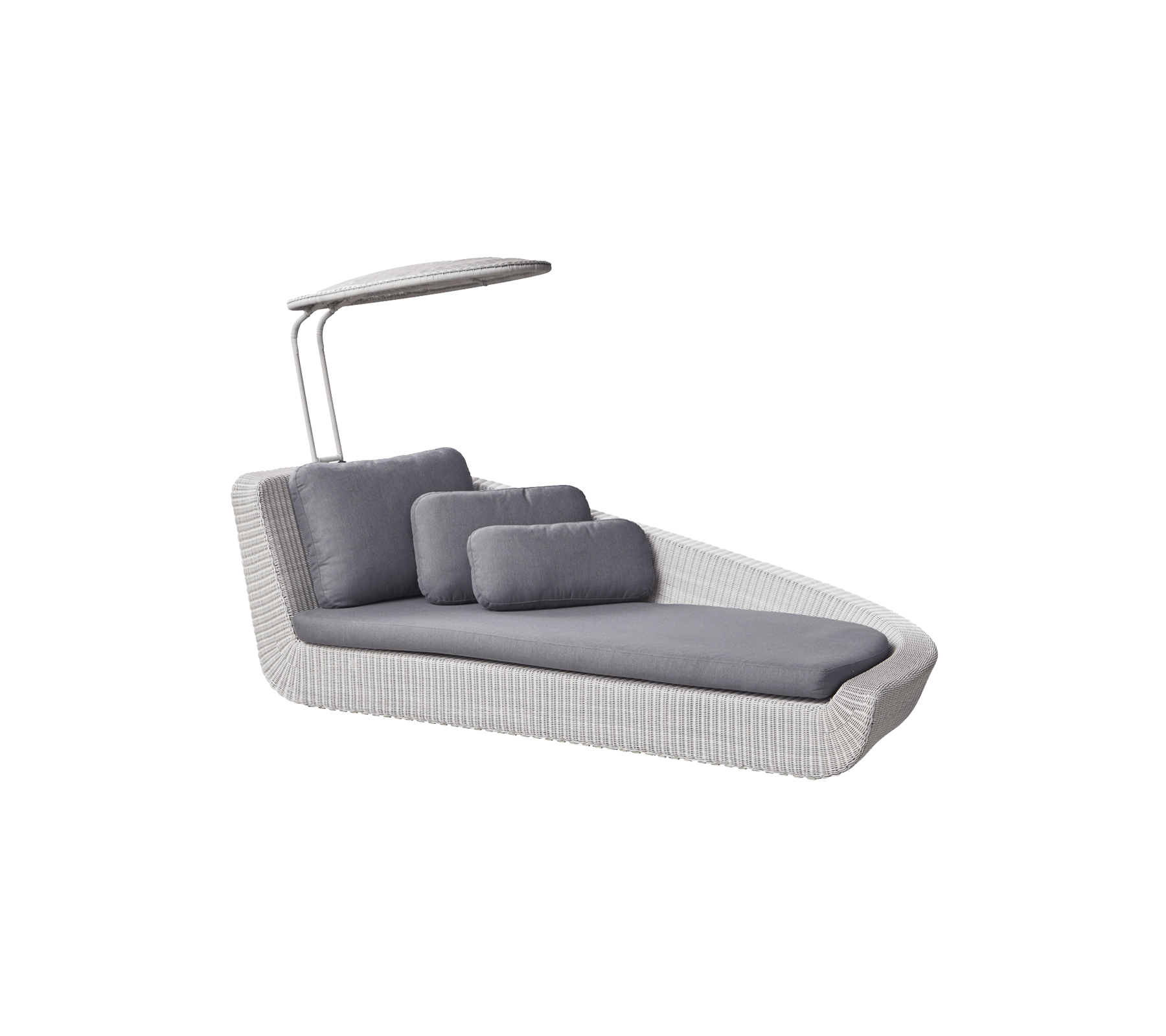 Stylish lounge chair with a sleek design, featuring gray cushions and a protective canopy for added comfort. Perfect for relaxation.