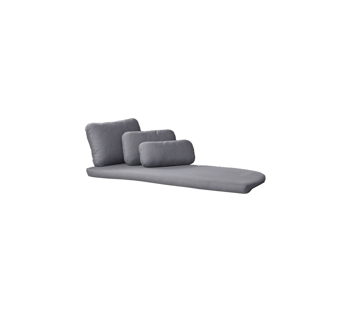Modern gray chaise lounge with three plush cushions, offering a sleek and comfortable design for relaxation.