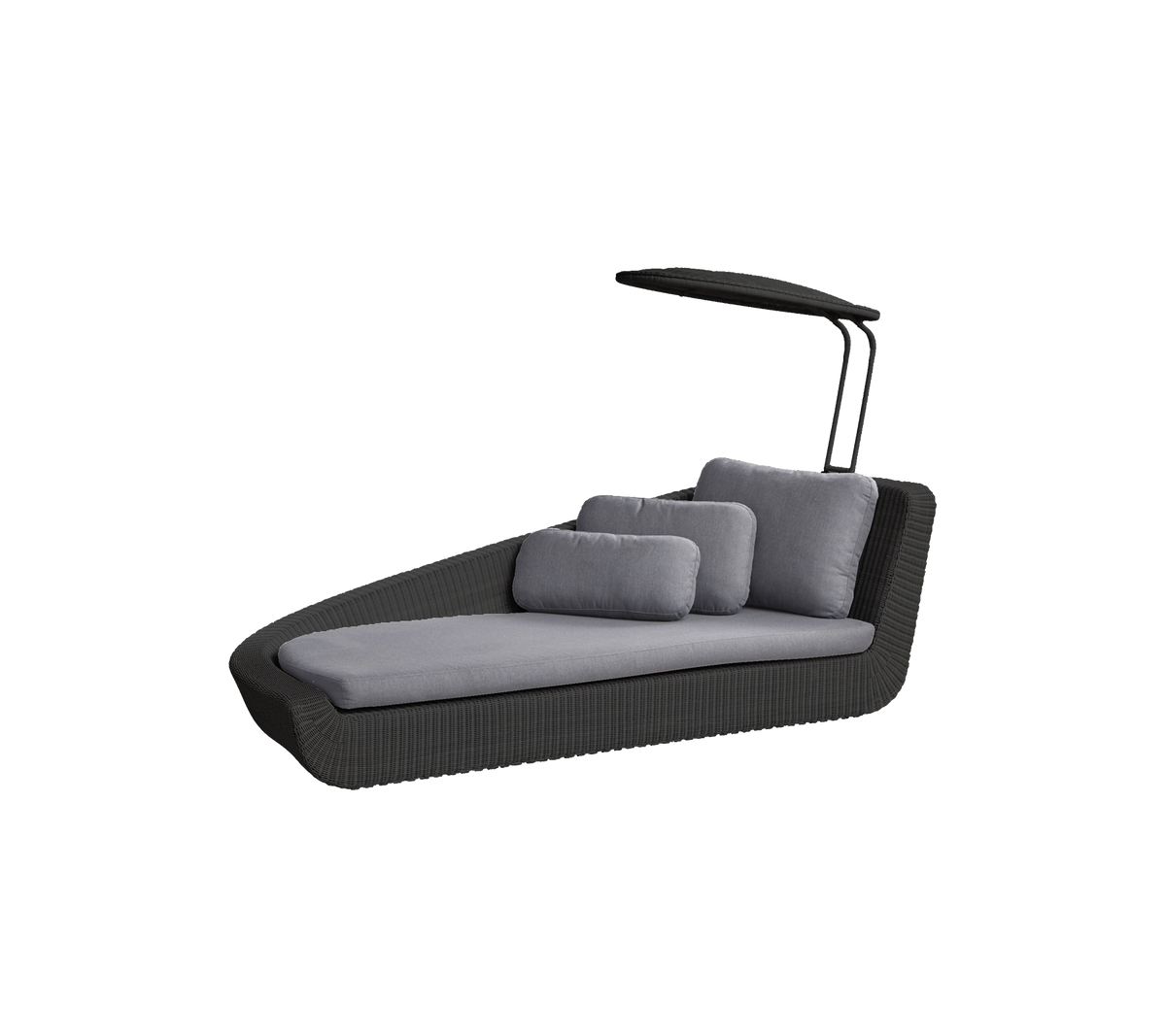Stylish lounge chair with a modern design, featuring a canopy and plush grey cushions for comfort and relaxation.