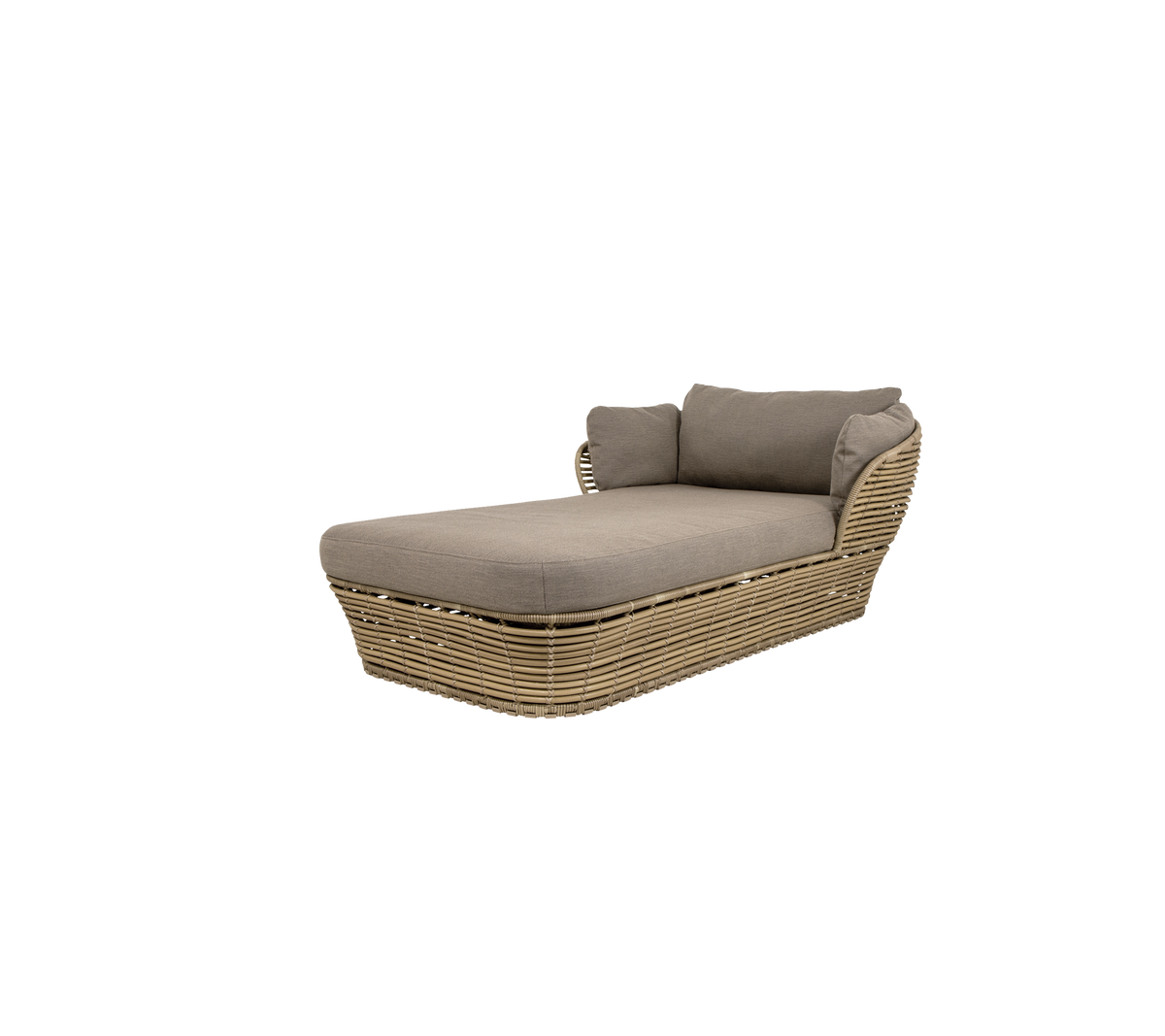Stylish outdoor chaise lounge with a beige cushion and woven wicker base, ideal for relaxing in gardens or patios.