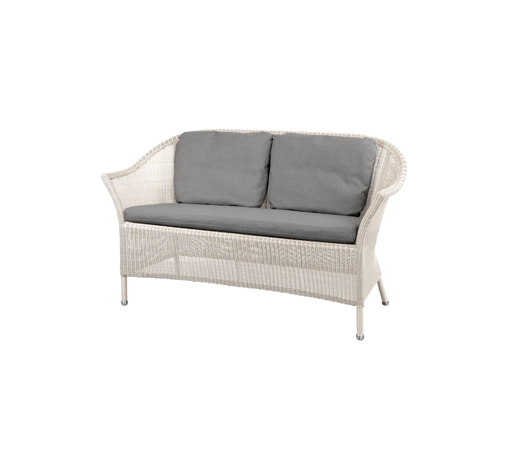 White wicker loveseat with gray cushions, offering a stylish and comfortable seating option. Ideal for enhancing any cozy space.