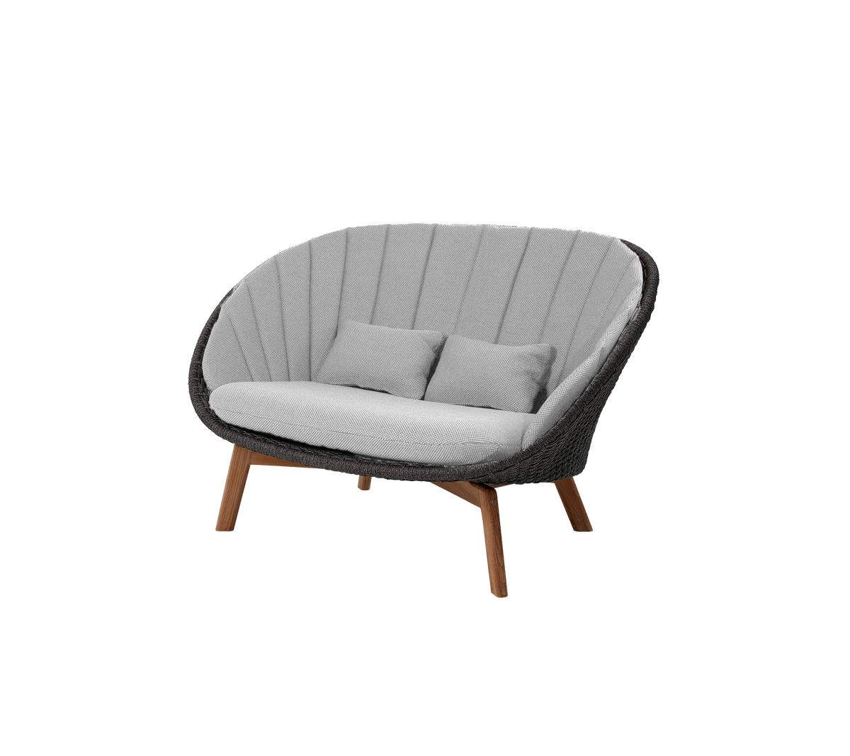 Stylish two-seater sofa with a curved design, featuring grey upholstery and wooden legs, perfect for adding comfort and modern flair.