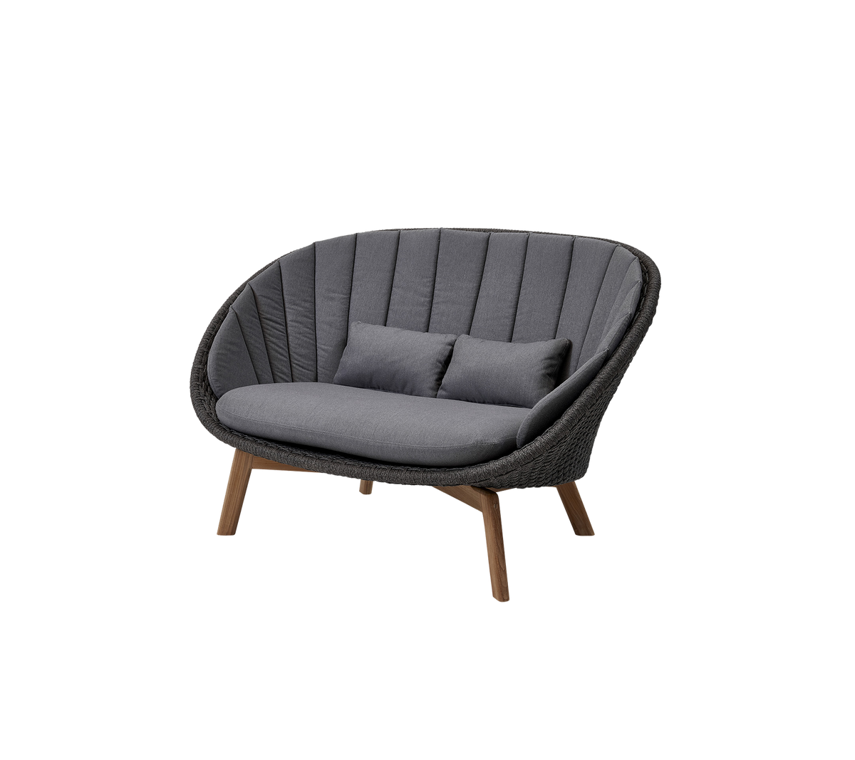Curved two-seater sofa with a gray fabric seat and backrest, complemented by two accent cushions and wooden legs.