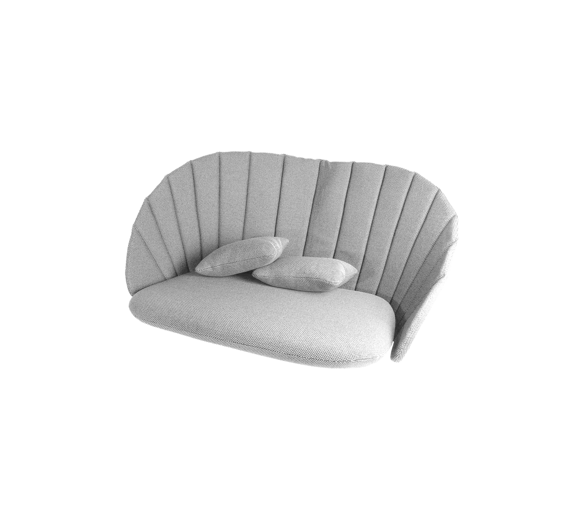 Stylish curved sofa with a soft gray fabric and three plush cushions, featuring a ribbed design for added elegance.