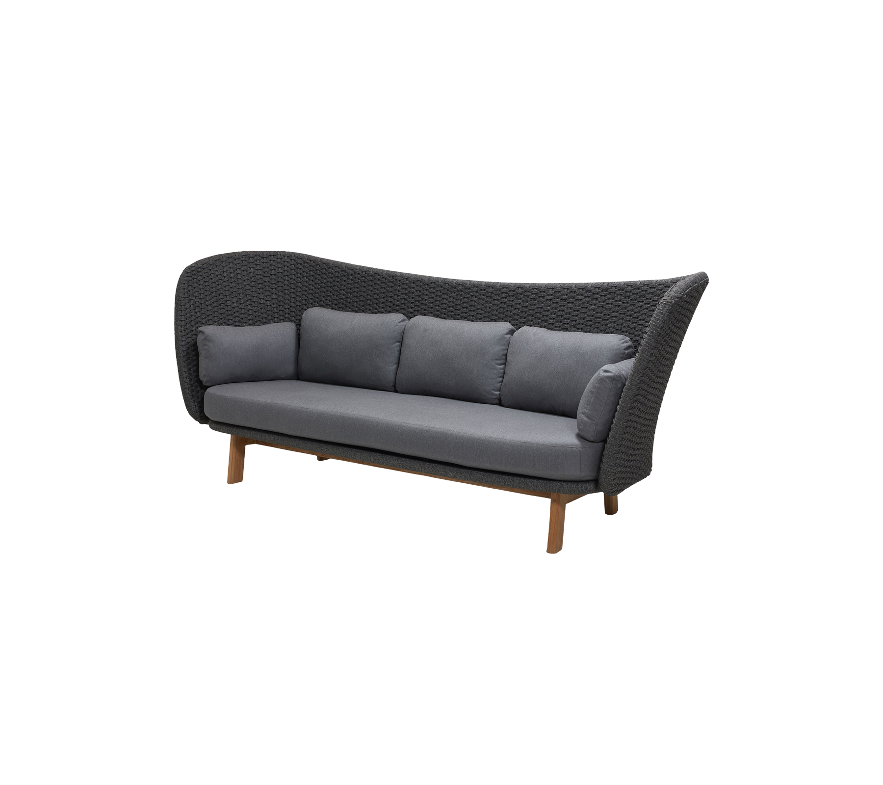 Stylish three-seat sofa with a woven design and plush gray cushions, supported by wooden legs for an inviting look.