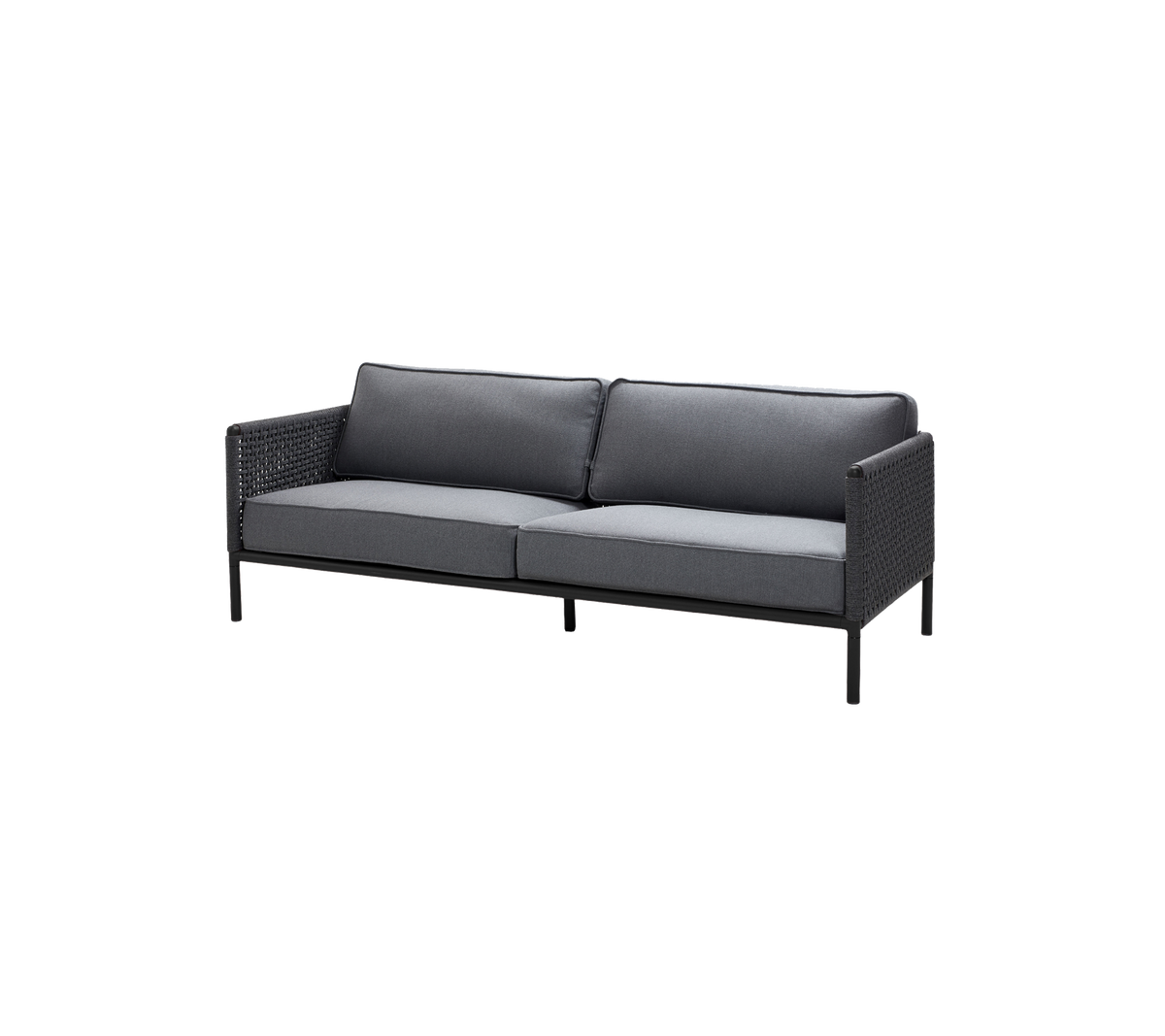 Stylish two-seater sofa with a black frame and gray cushions, featuring a woven design for added texture and comfort.