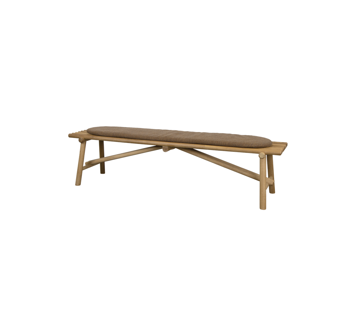 Wooden bench with a curved seat and crossed leg design, offering a stylish and minimalist seating solution.