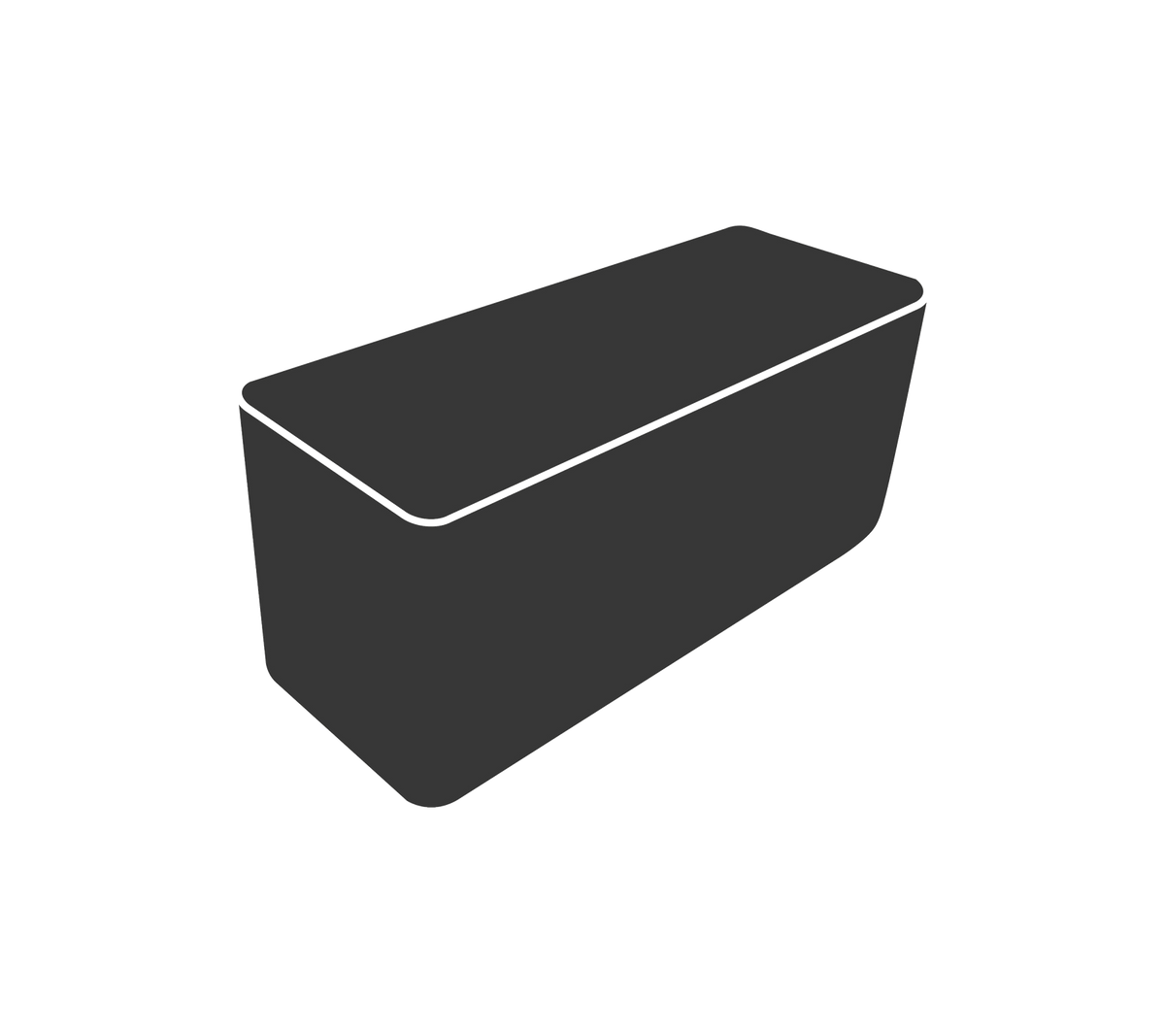 Gray storage box with a rectangular lid and sloped sides. Ideal for organizing various items.