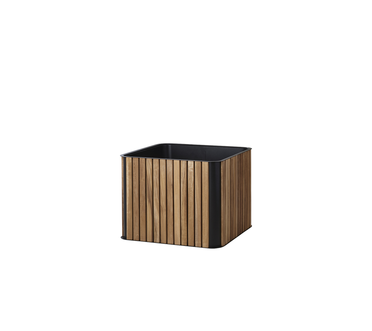 Square planter with a wooden slatted design and a black base, ideal for displaying plants and enhancing any space.