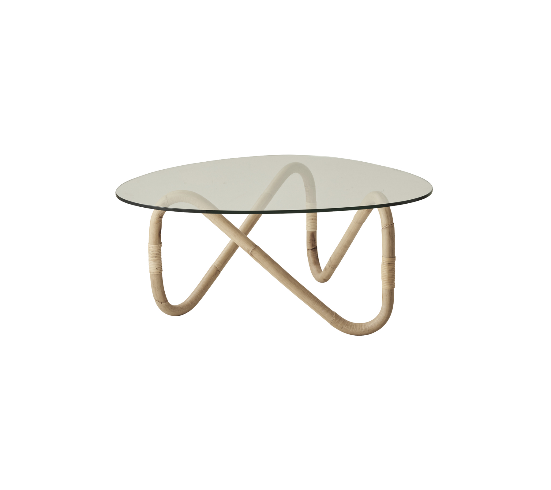 Round glass table with a stylish, curved rattan base, offering a modern, elegant design suitable for various settings.