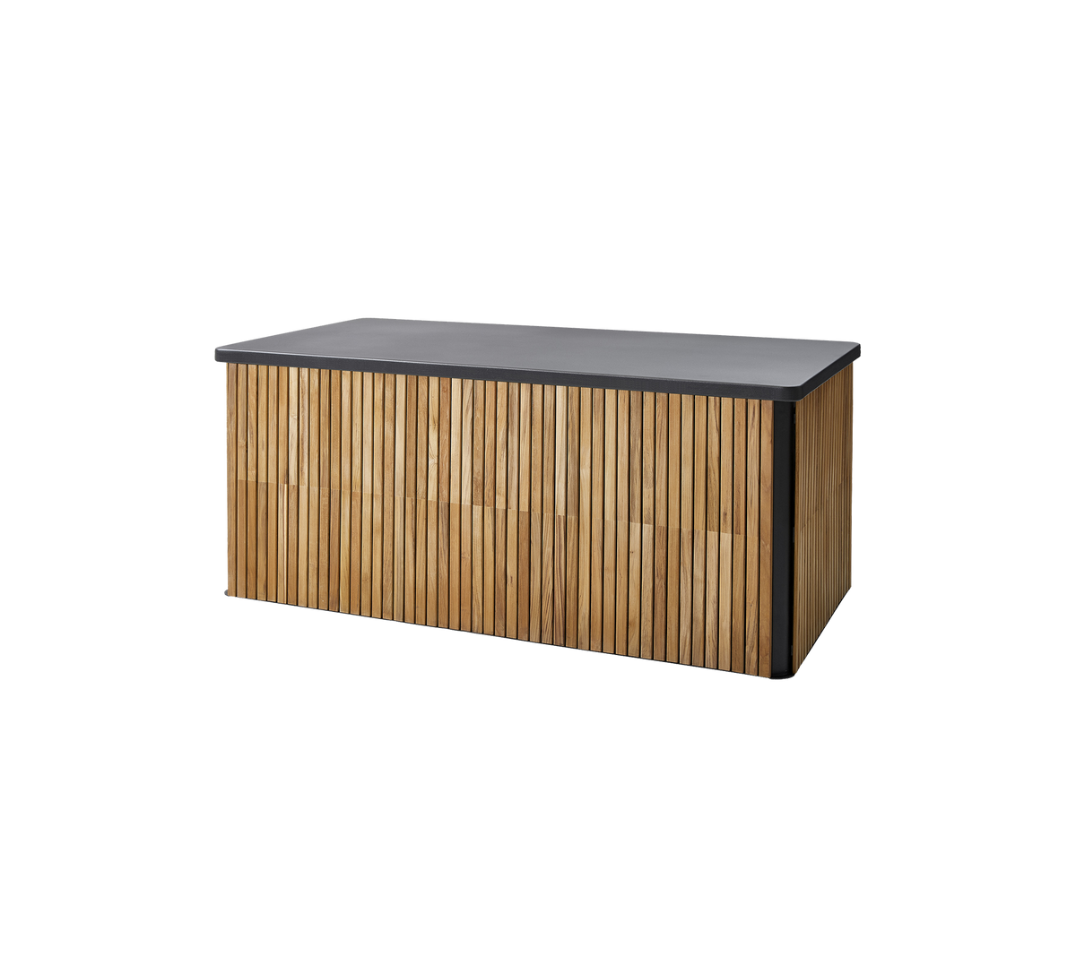 Stylish storage bench featuring a sleek dark top and a vertical slatted wood design for a modern aesthetic. Ideal for versatile use.