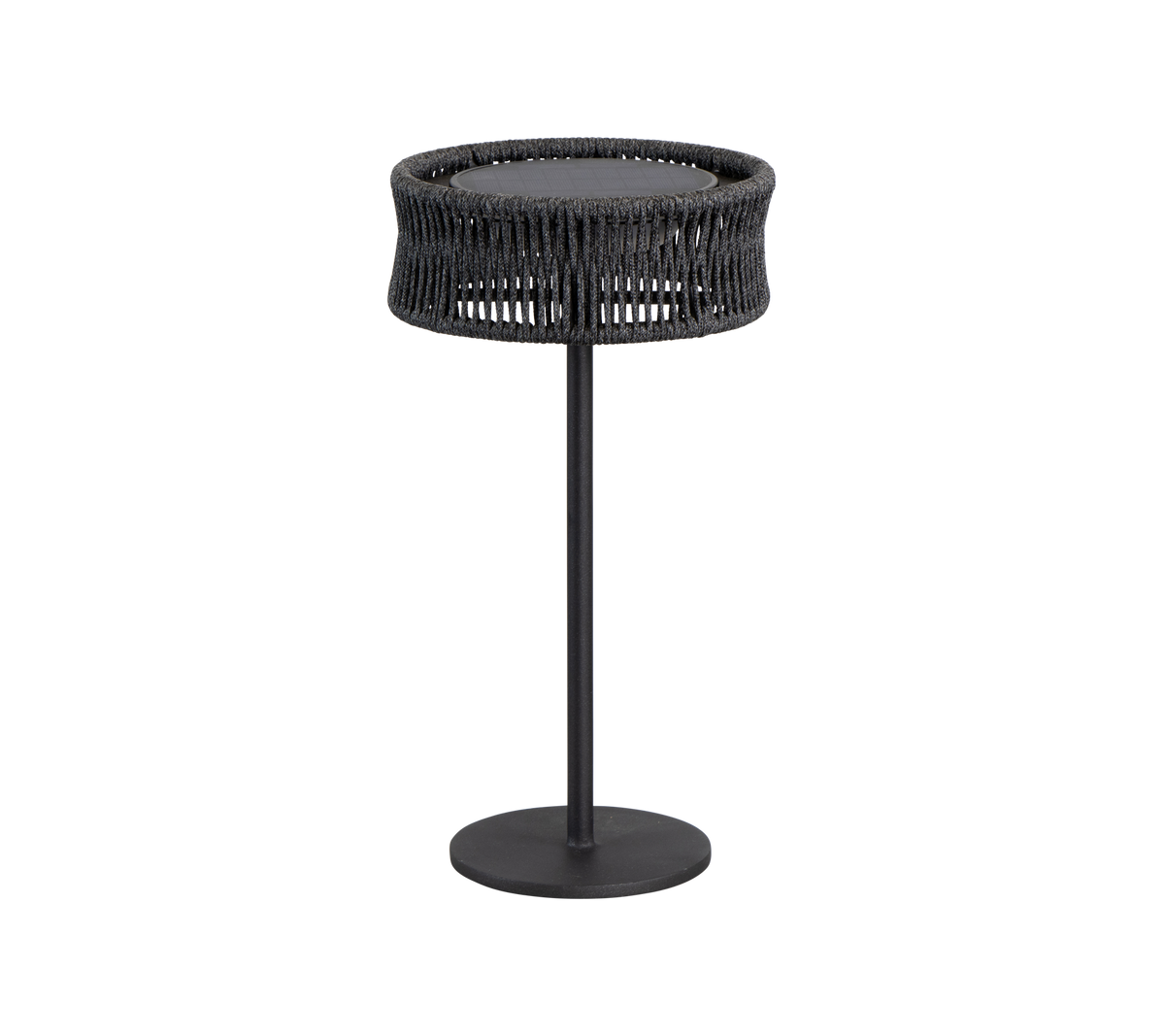 A sleek, modern table with a round top and a woven texture, supported by a simple black metal base.