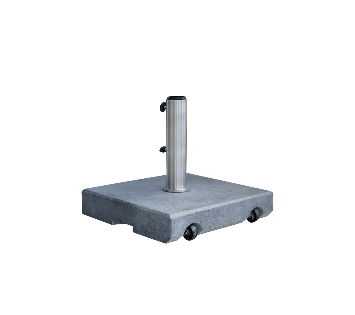A sturdy, square base with a stainless steel pole, featuring rollers for easy movement, designed for stability and support.