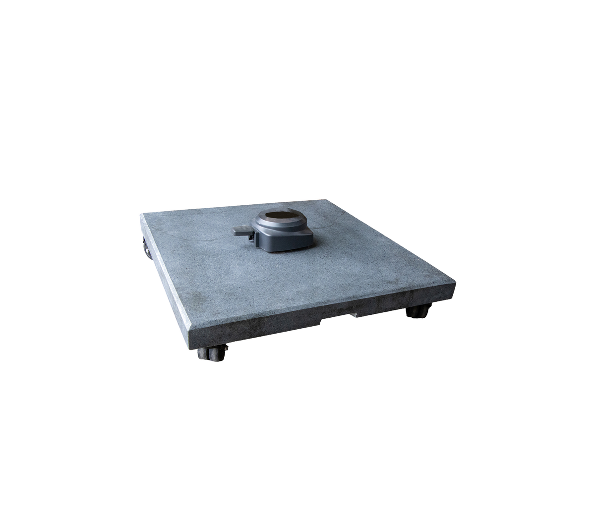 A square concrete base with a central attachment point and adjustable feet, designed for stability and support in various applications.