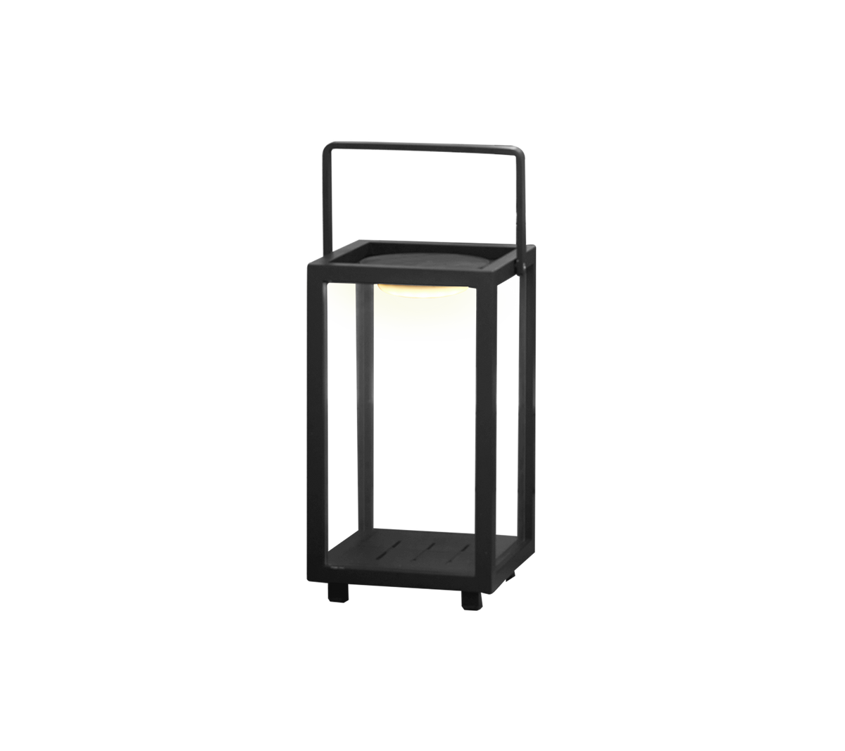 A modern LED lamp design featuring a square frame and handle, with a soft glowing light in the center.
