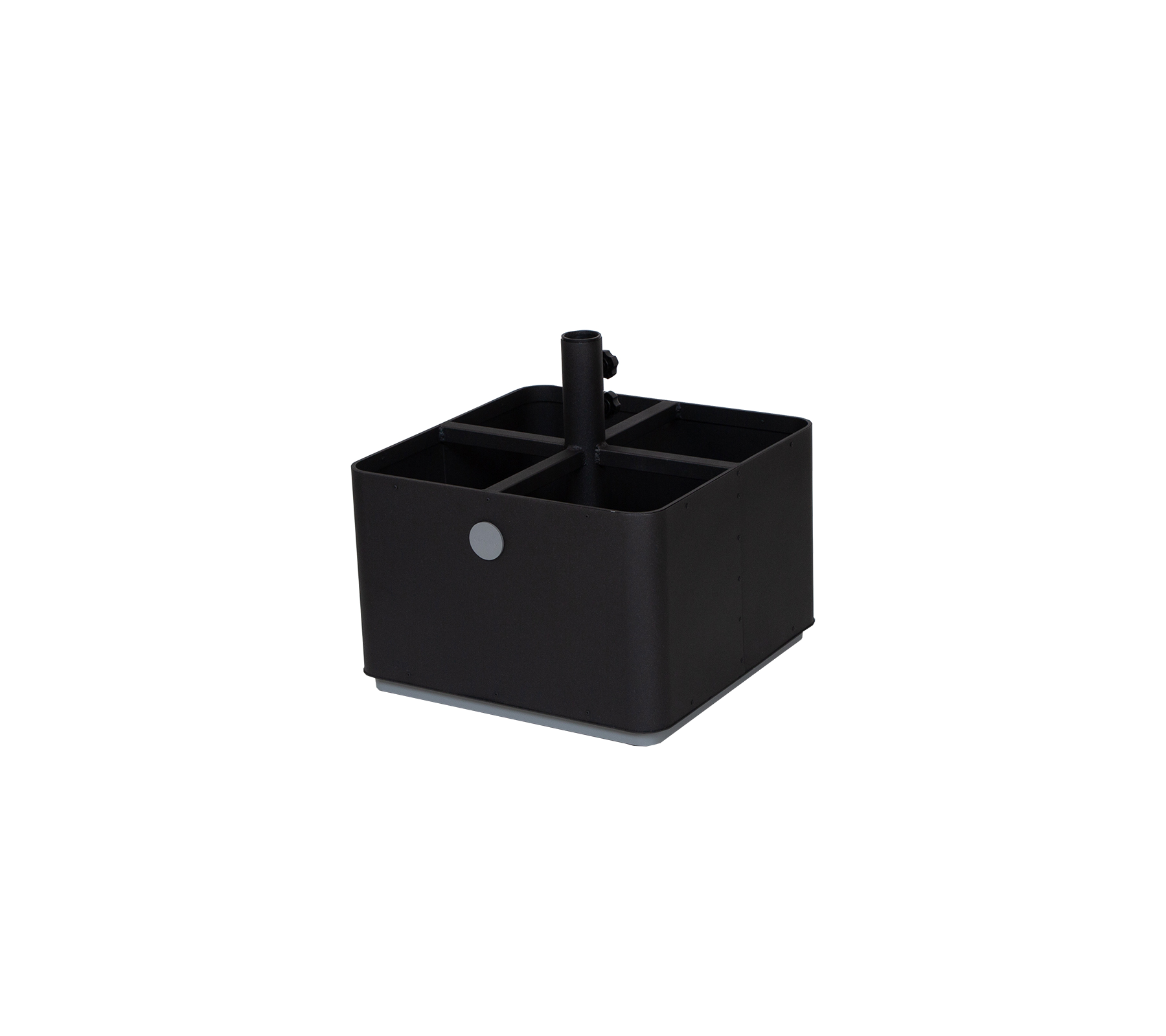 Black storage organizer with multiple compartments and a central divider for various office or home items.