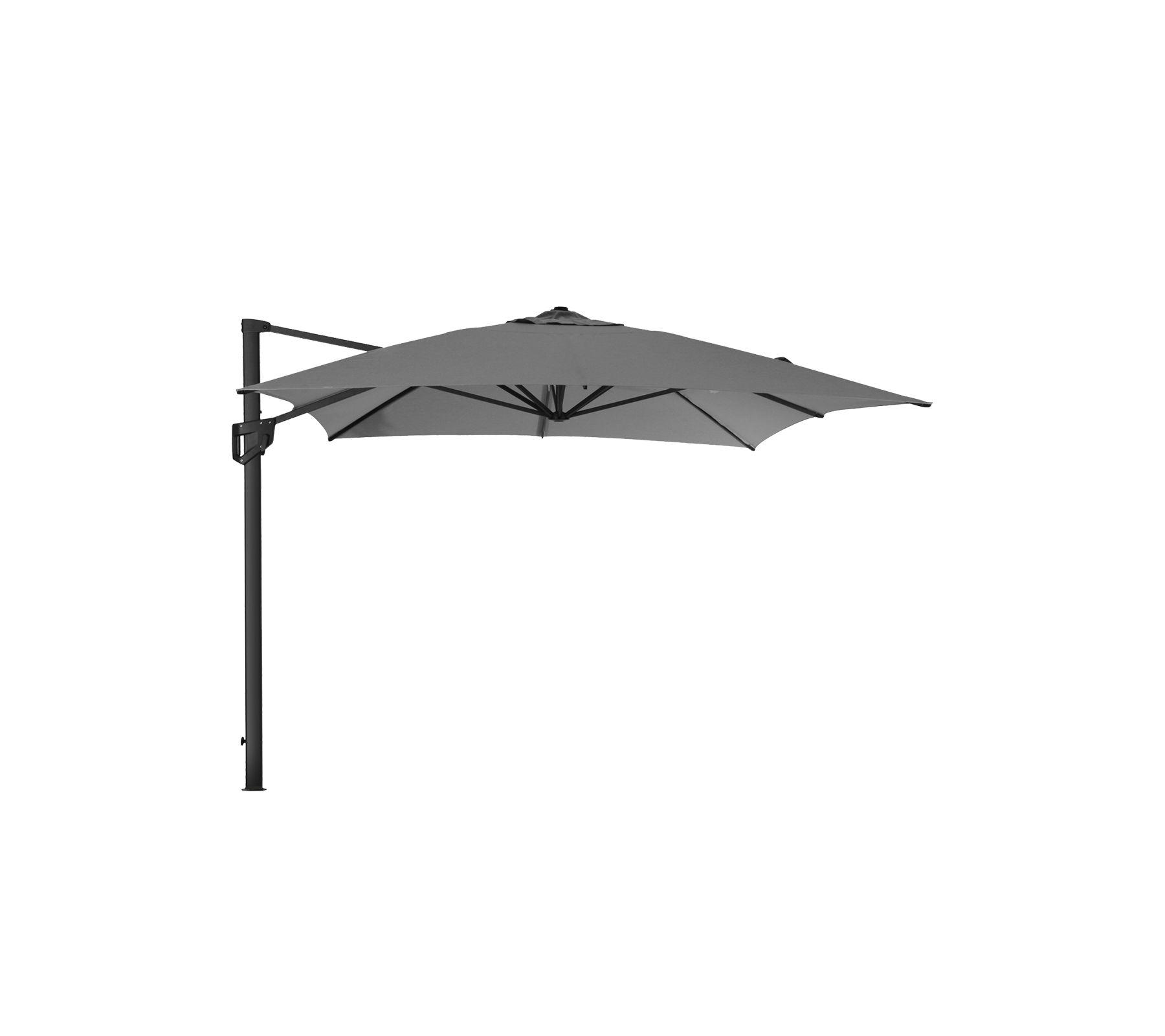 A cantilever umbrella with a dark canopy, providing shade and support from an upright pole. Ideal for outdoor spaces.