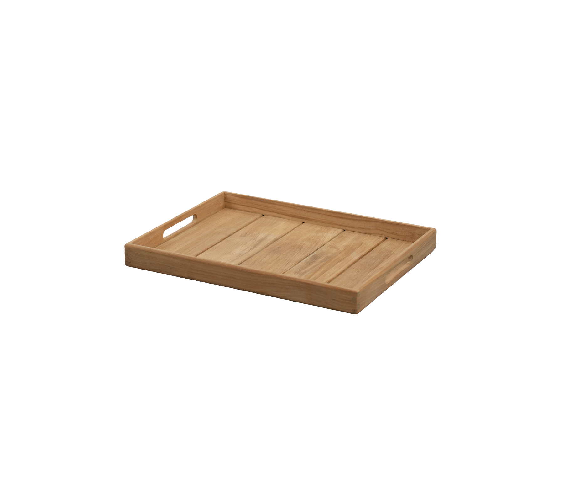 Teak tray with cut-out handles and a simple design.