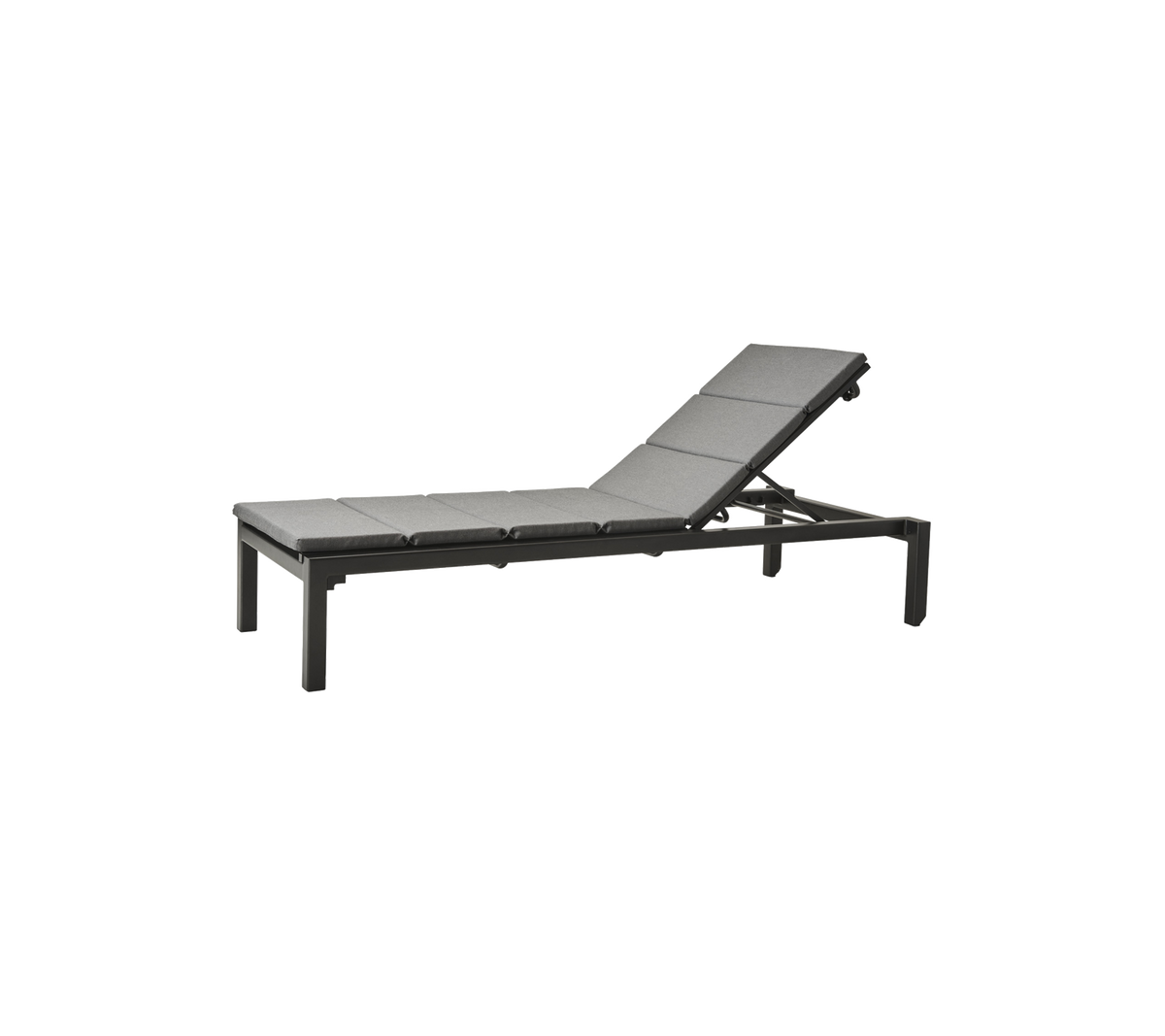 Contemporary adjustable lounge chair with a sleek black frame and cushioned surface for comfort and relaxation.