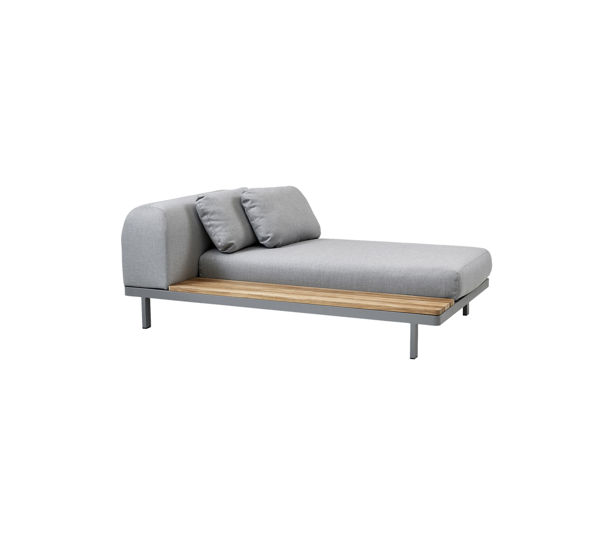 Modern chaise lounge with a sleek gray fabric cushion, complemented by two matching pillows and a wooden base.