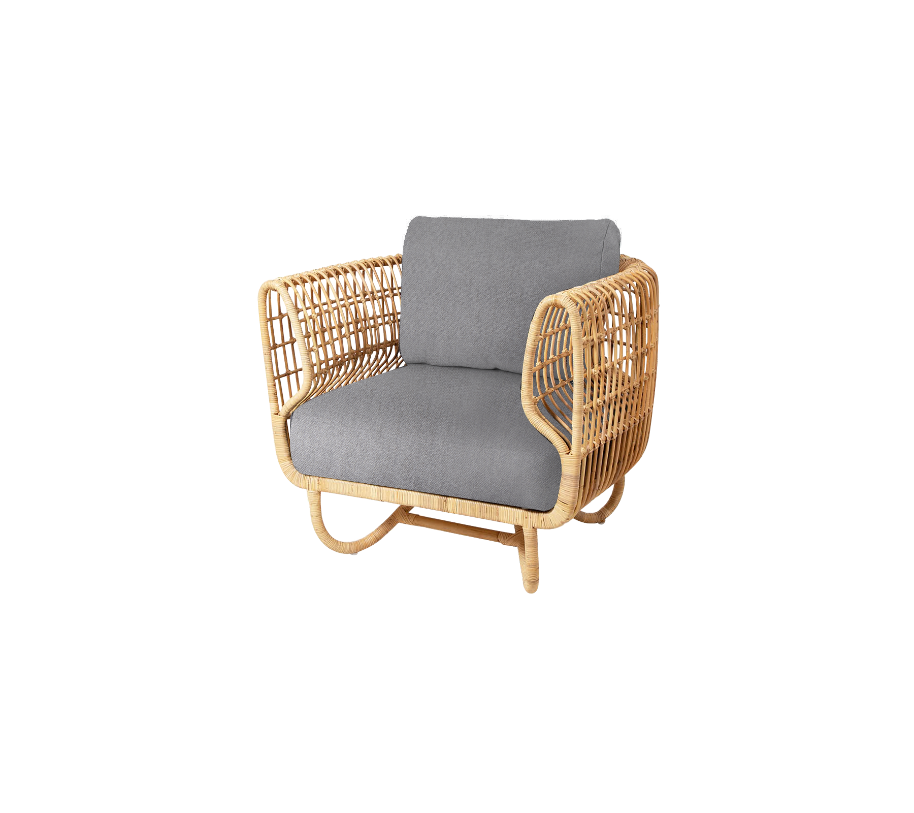 Natural woven armchair with a cushioned gray seat, featuring an elegant and modern design perfect for stylish seating.