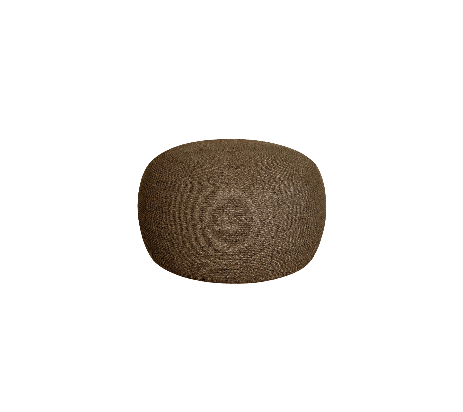 Round, textured pouf in a warm brown color, ideal for stylish seating or decor enhancement.