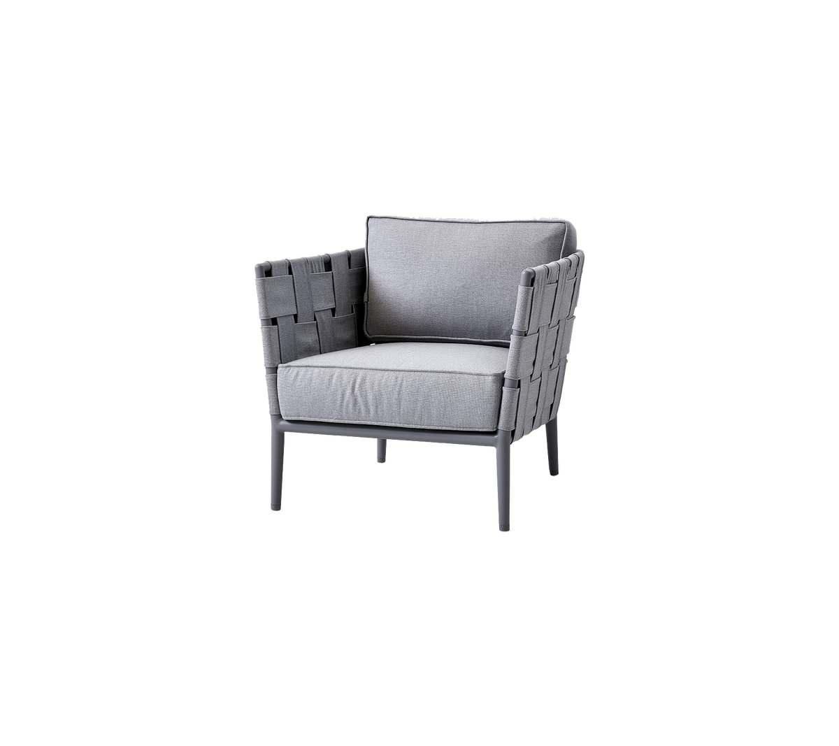 Stylish gray armchair with woven detailing and soft cushions, designed for comfort and modern aesthetics. Perfect for any setting.