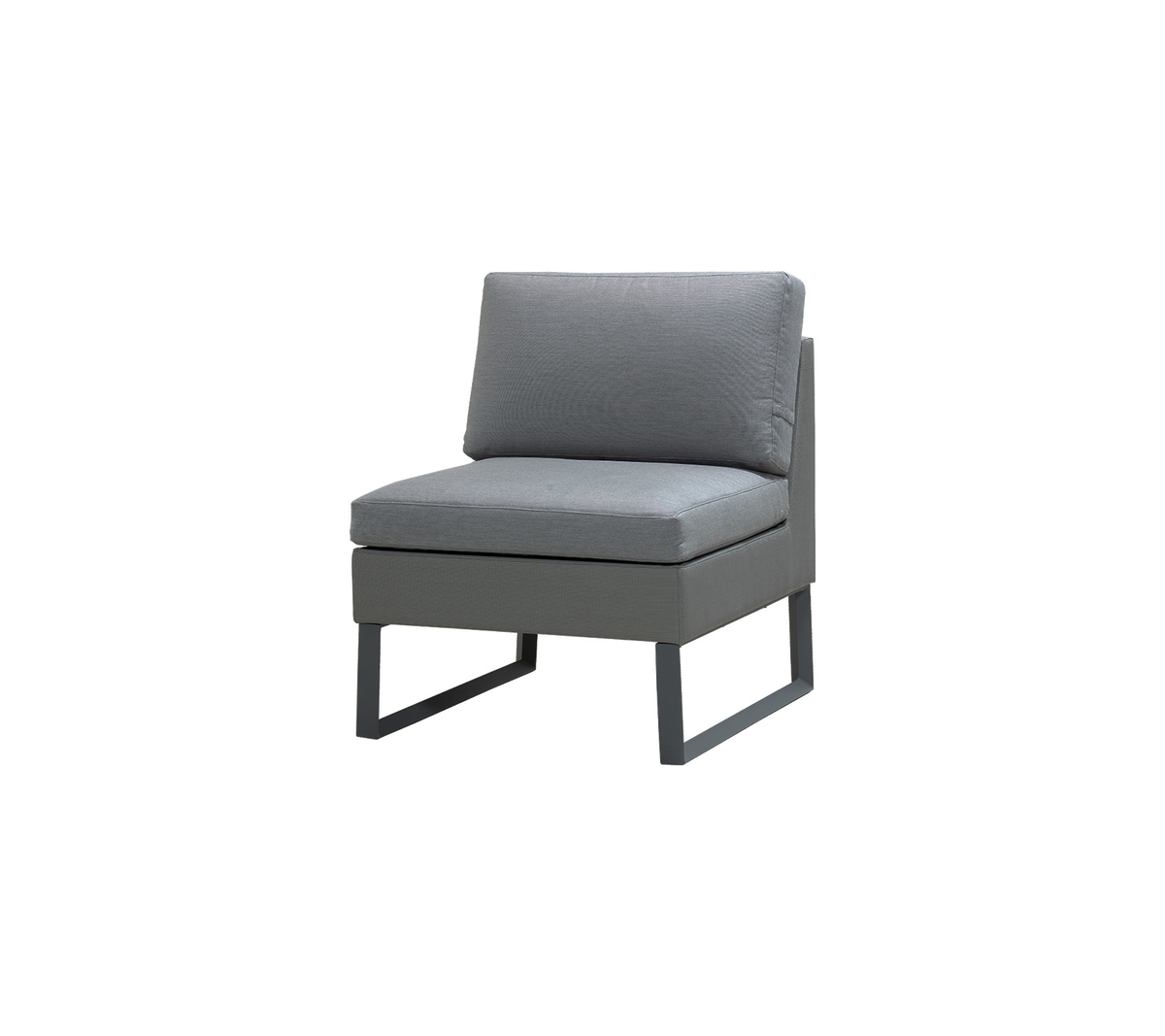 Stylish gray chair with a modern design, featuring plush cushions and a minimalist frame for comfortable seating.