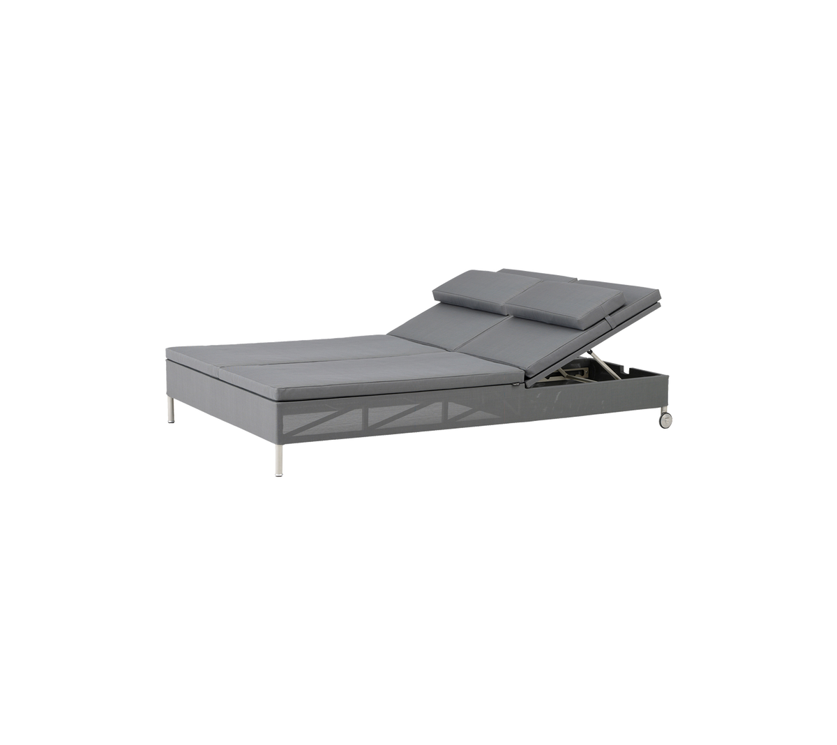 Adjustable bed frame with a sleek gray design, featuring two elevated head sections for customized comfort and support.