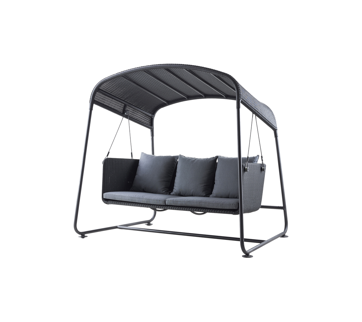 Stylish swing seat with a curved canopy, featuring three cushioned seats and a sturdy frame, perfect for relaxation and comfort.