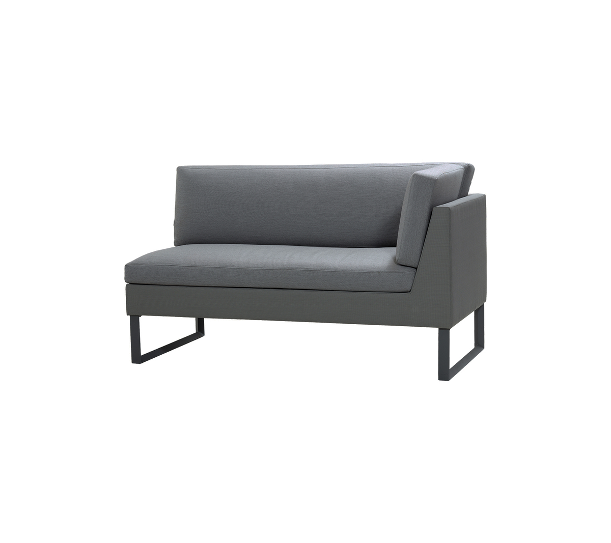 Modern two-seat sofa in a sleek gray fabric with minimalist metal legs and a contemporary design, ideal for stylish seating.