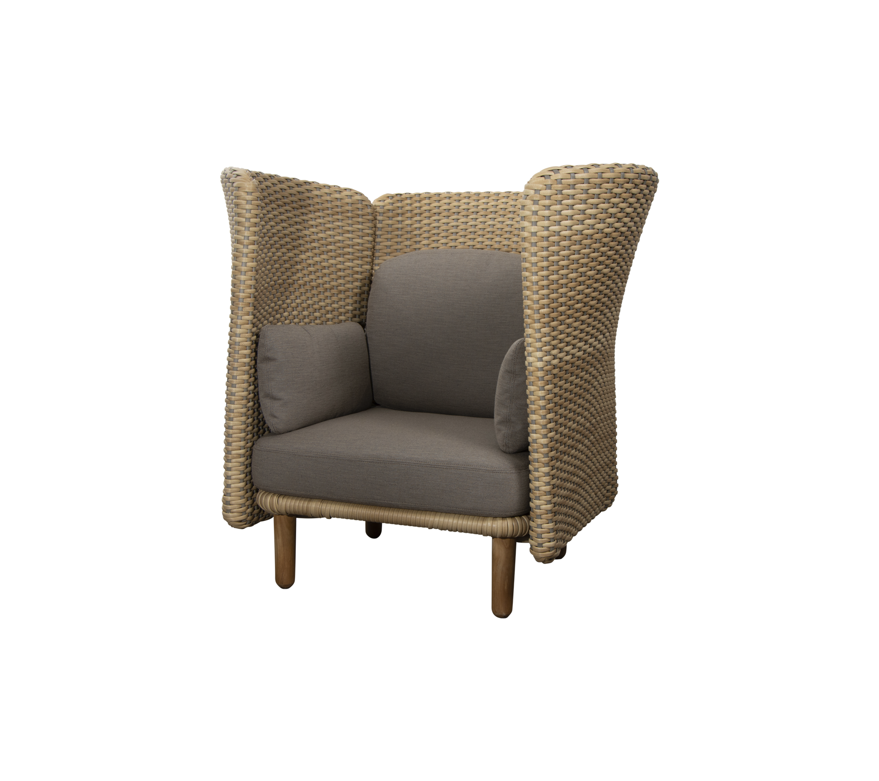 Stylish armchair with a woven design and plush gray cushions, featuring high sides for added comfort and privacy.