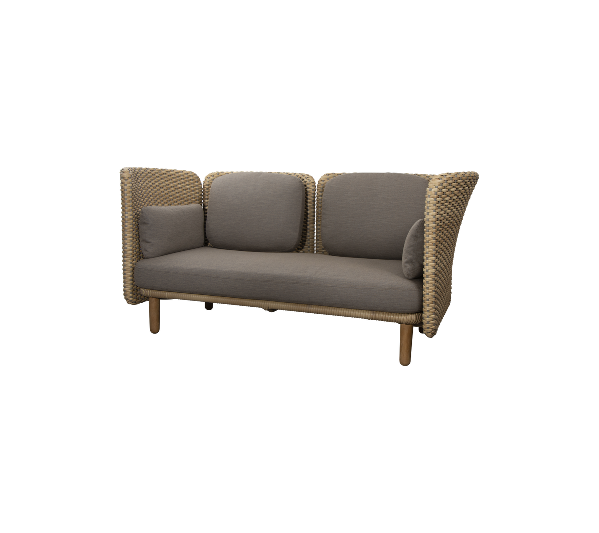 Comfortable sofa with a woven design, featuring plush gray cushions and supportive side panels. Ideal for modern seating areas.