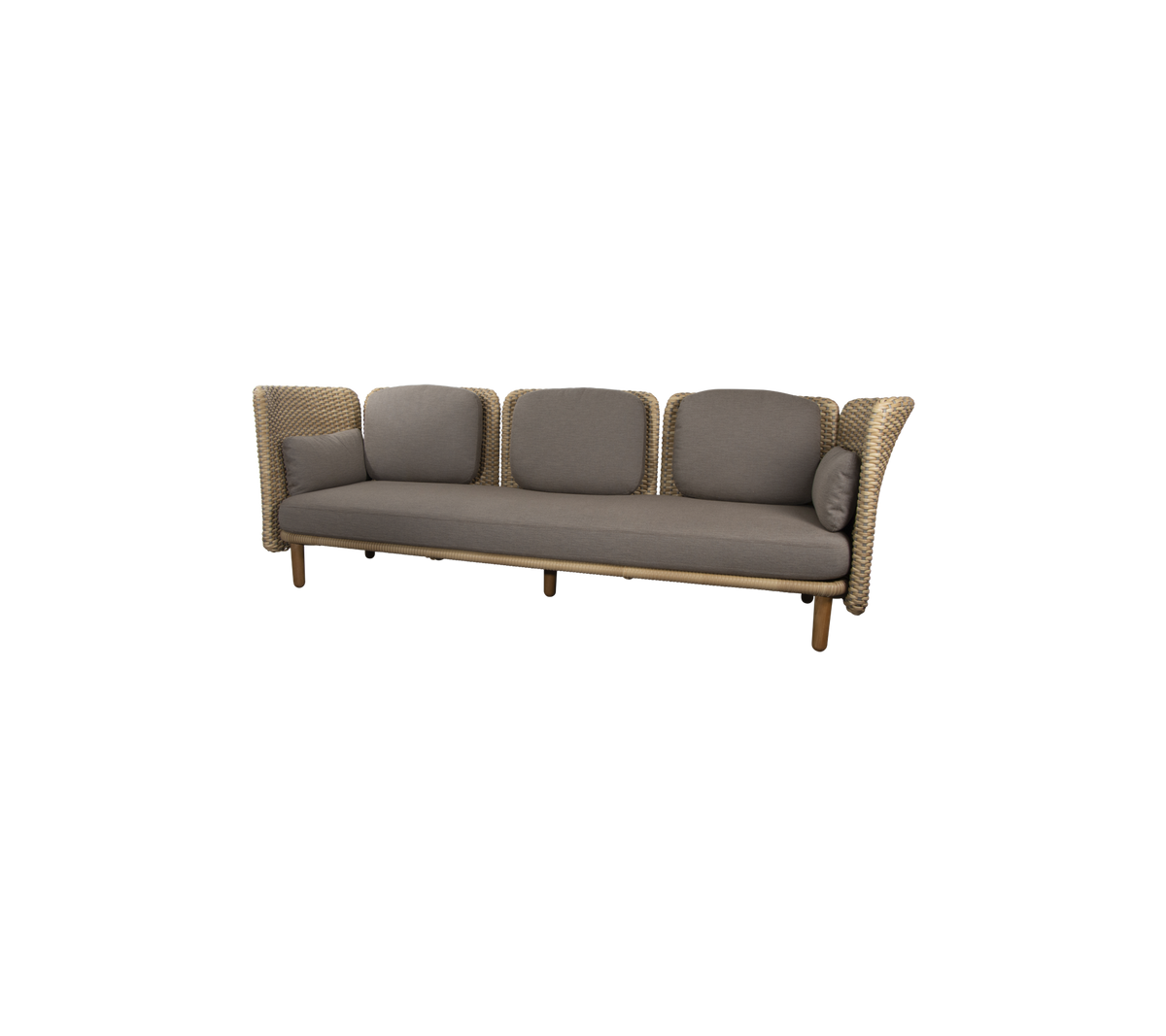 A stylish, four-seat sofa featuring a woven design with plush, neutral-colored cushions for comfort and elegance.