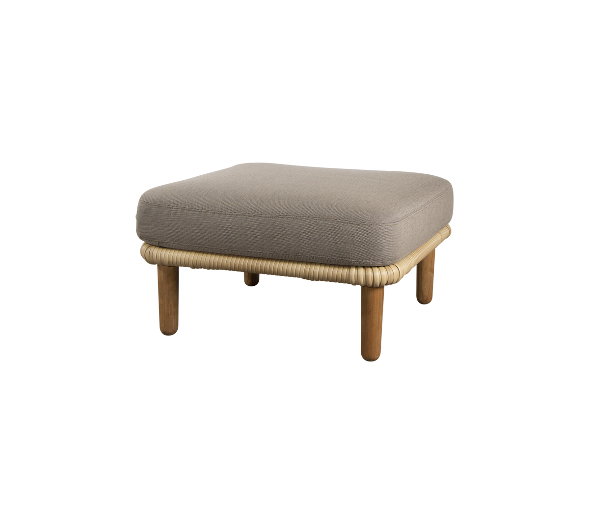 A square, cushioned ottoman with wooden legs and a woven edge, designed for versatile seating and relaxation.