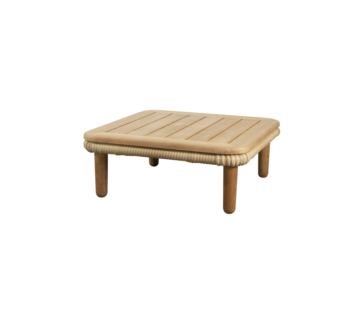 A simple, square table with a slatted top and rounded edges, supported by four sturdy legs. Perfect for various settings.