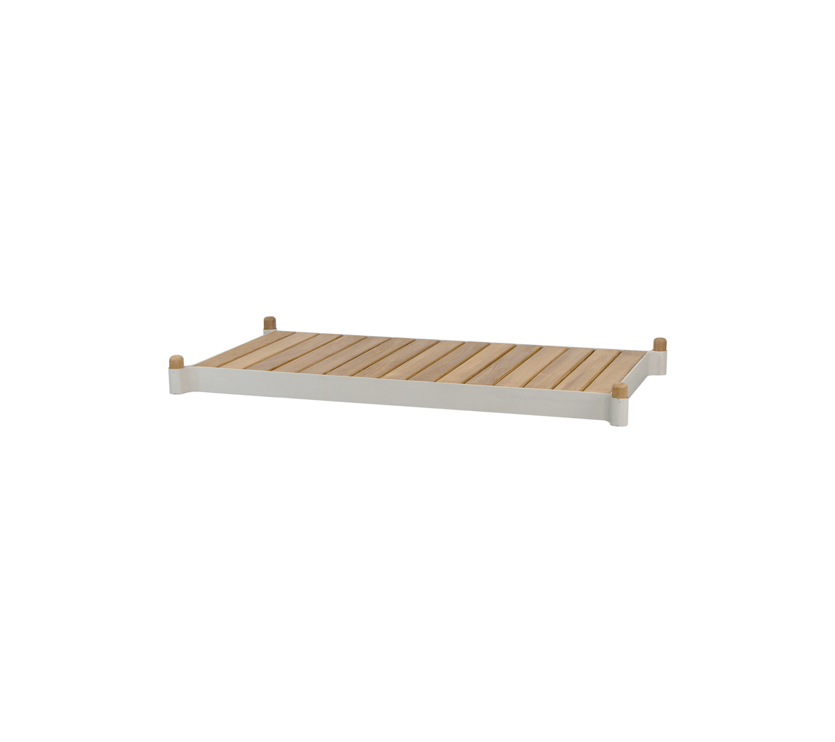 A slatted wooden shelf with smooth edges and light-colored wood, offering a minimalist design suitable for various uses.