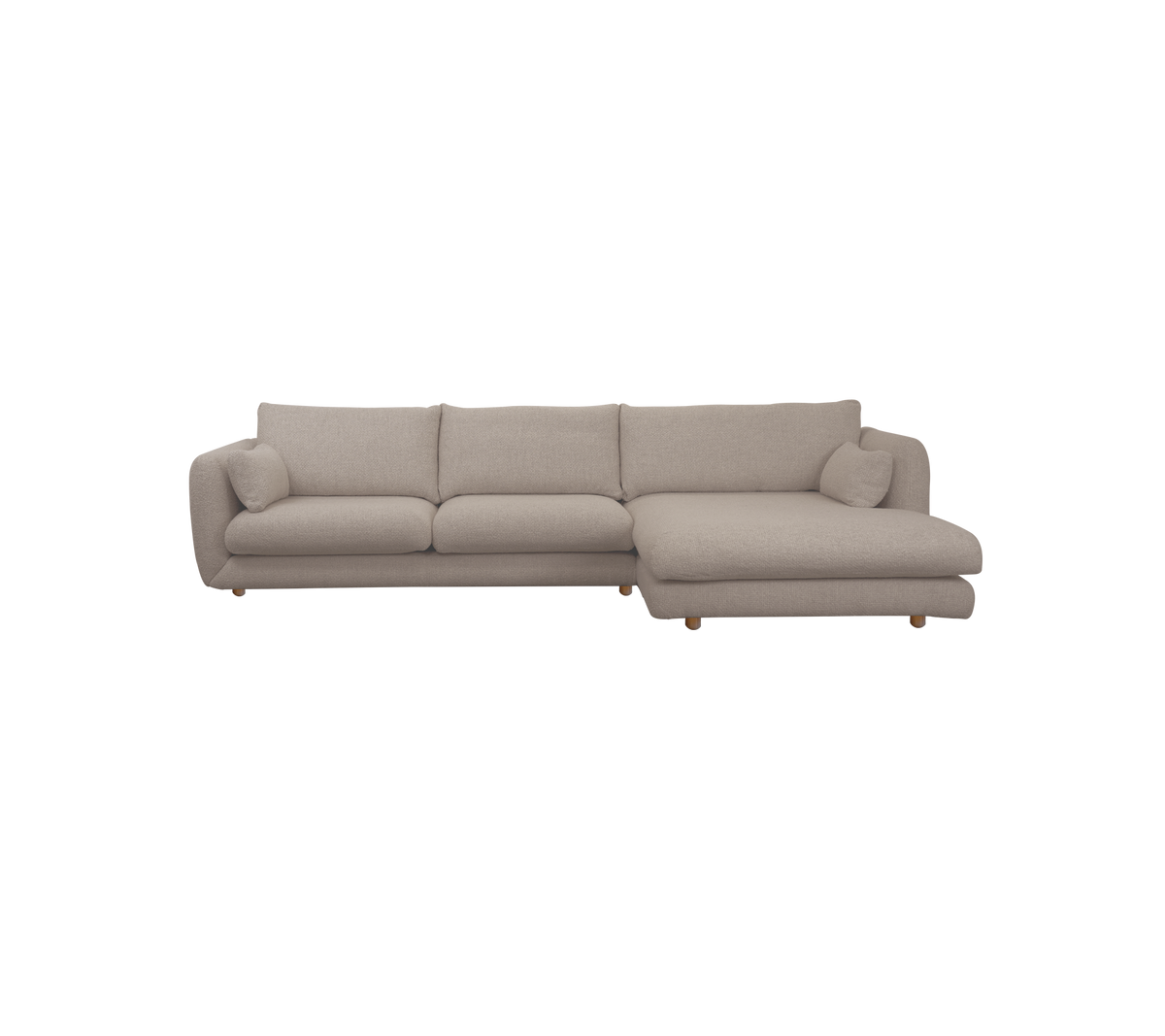 Light brown sectional sofa with cushions in a modern lounge setting.